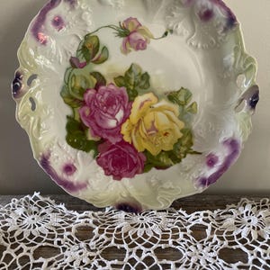 Vintage German Floral 11” Plate scalloped Edges Painted Roses Shabby Chic Plate Victorian Style