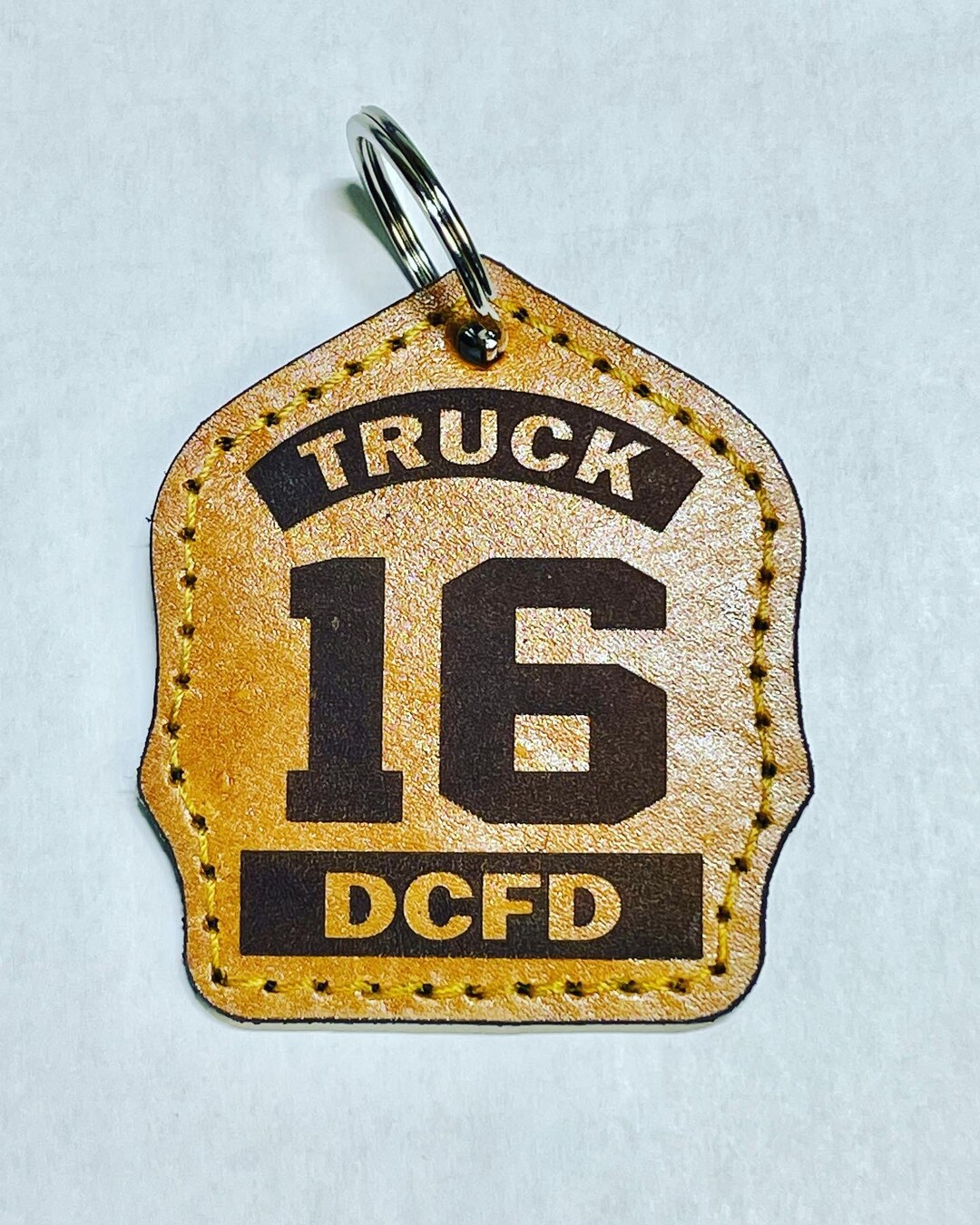 Leather Fire Helmet Shield Keychain. Gear Tag. Fireman Gift