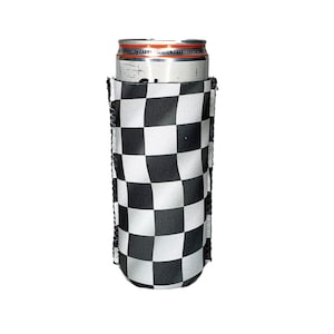 May include: A black and white checkered can cooler. The cooler is made of fabric and has a sewn seam around the top and bottom. The cooler is designed to fit a standard 12-ounce can.