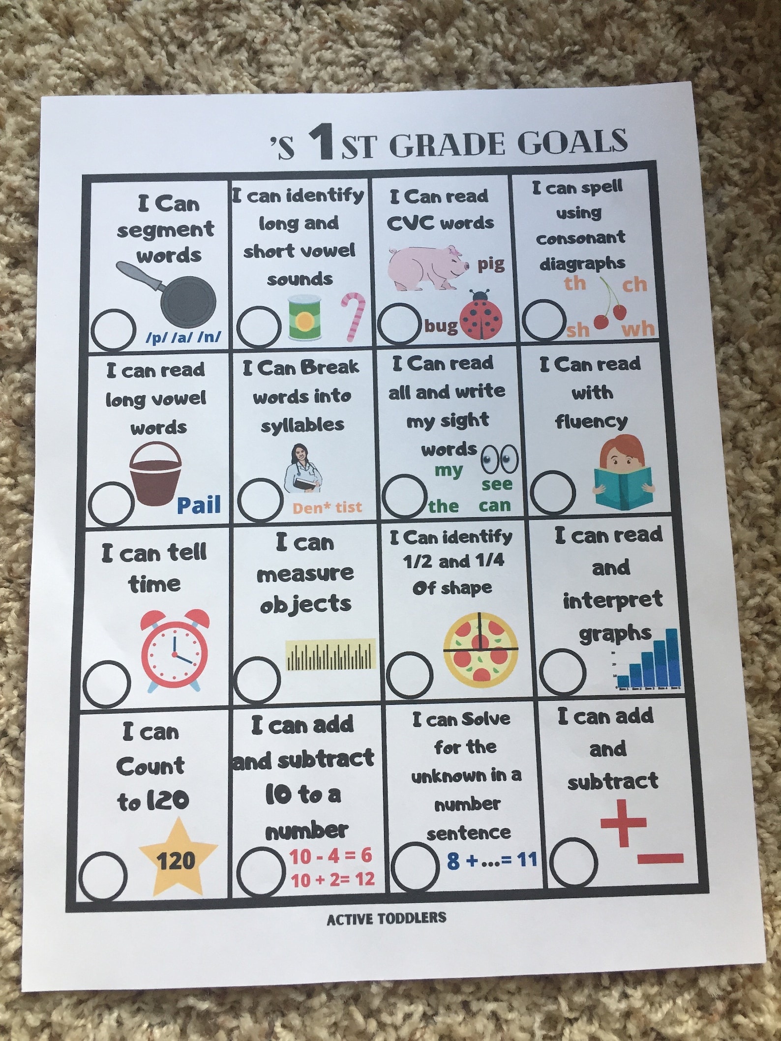 1st Grade Goals Checklist, Kids First Grade Goals, Chores, Goals ...