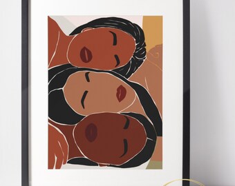 May include: Abstract art print featuring three women with brown skin tones and black hair, their faces are close together and their eyes are closed. The background is a mix of peach, yellow, and green.