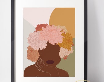 May include: A digital illustration of a person with brown skin, wearing a crown of pink and orange flowers. The background is a muted pink, yellow, and green.