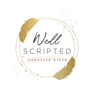 May include: A gold logo with two feathers on either side of a circle. The text "Well Scripted Creative Gifts" is inside the circle.