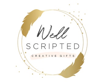 May include: A gold logo with two feathers on either side of a circle. The text "Well Scripted Creative Gifts" is inside the circle.