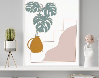 May include: Abstract art print featuring a stylized green plant in a brown vase on a pink and white staircase. The print has a minimalist aesthetic and would be a great addition to a modern home.