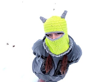 Lime  green horned ski mask with fur trim