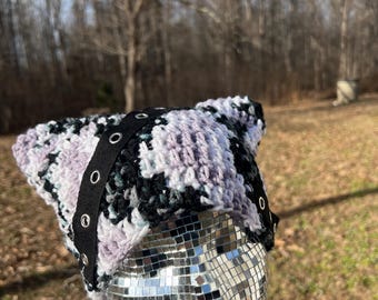 Black and white crochet kitty ear beanie