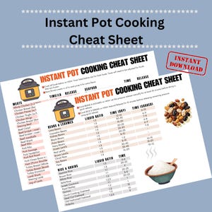 Può includere: Un foglio di trucchi per la cottura Instant Pot stampabile con un Instant Pot giallo e nero sulla copertina. Il foglio di trucchi include i tempi di cottura per carni, fagioli e legumi, riso e cereali, e frutti di mare. Il foglio di trucchi include anche un rapporto di liquido per ogni tipo di alimento.