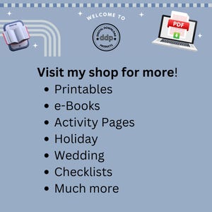 May include: A light blue graphic with the text "WELCOME TO DIGITAL DOWNLOAD PRODUCTS". The image includes a laptop displaying a PDF document, a tablet with an open book, and a list of digital products: Printables, e-Books, Activity Pages, Holiday, Wedding, Checklists, and more.