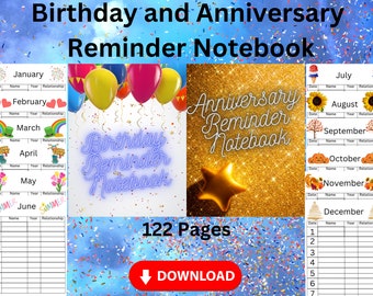 Birthday and Anniversary Reminder Notebook 122 Page Instant Download Printable