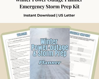 May include: A Winter Power Outage Planner Emergency Storm Prep Kit in US Letter size. The document set includes a cover page with a snowy road image and text, a Welcome page with instructions, and a Household Snapshot page for emergency contacts.