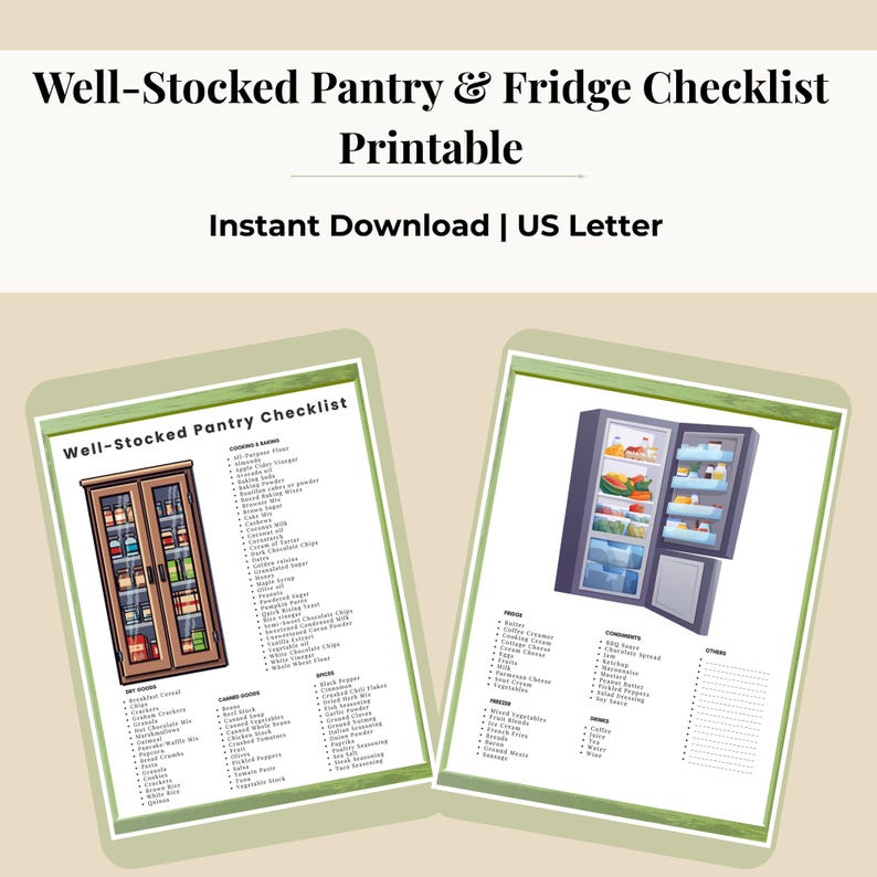 Pantry & Fridge Checklist Printable | Kitchen Inventory Organizer Planner PDF Instant Download image 1