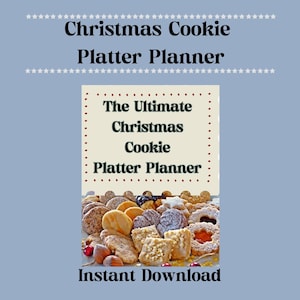 Könnte beinhalten: Ein digitaler Weihnachts-Cookie-Platten-Planer mit hellblauem Hintergrund. Der Planer zeigt den Text "Christmas Cookie Platter Planner" und "The Ultimate Christmas Cookie Platter Planner". Eine Vielzahl von Keksen ist abgebildet.