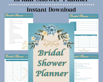 May include: A digital bridal shower planner with a floral design in blue and yellow. The planner includes checklists, details, guest lists, and an itinerary. The words "Bridal Shower Planner" and "Instant Download" are displayed.
