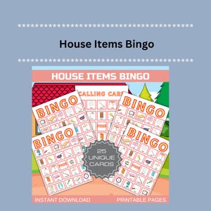 Può includere: Un gioco di bingo stampabile con 25 schede uniche che presentano oggetti per la casa. Le schede sono rosse, bianche e gialle con la parola "Bingo" in un cerchio rosso. Il gioco si chiama "House Items Bingo".