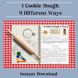 Puede incluir: Una guía de recetas titulada "1 Cookie Dough 9 Different Ways" con un rodillo, cucharas medidoras y un cuaderno con ingredientes. El fondo es un patrón de cuadros rojos y blancos. El texto "Descarga instantánea" está en la parte inferior.
