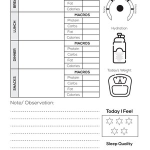 May include: A black and white fasting tracker with sections for breakfast, lunch, dinner, and snacks. It includes spaces to record macros, hunger levels, hydration, and weight. There are also sections for notes, feelings, and sleep quality.