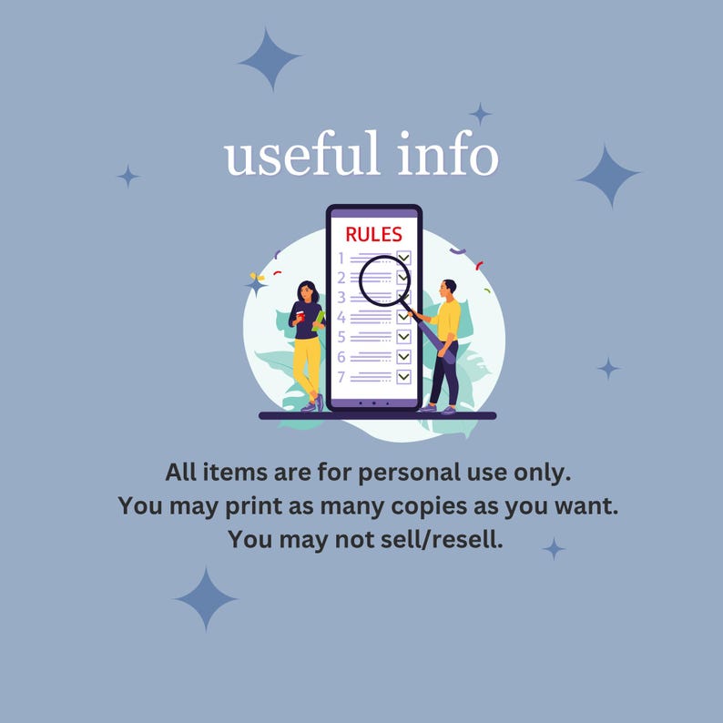 May include: Illustration with the text "useful info" and a smartphone displaying "RULES" with a magnifying glass. Two figures stand beside the phone. Text below states "All items are for personal use only. You may print as many copies as you want. You may not sell/resell."