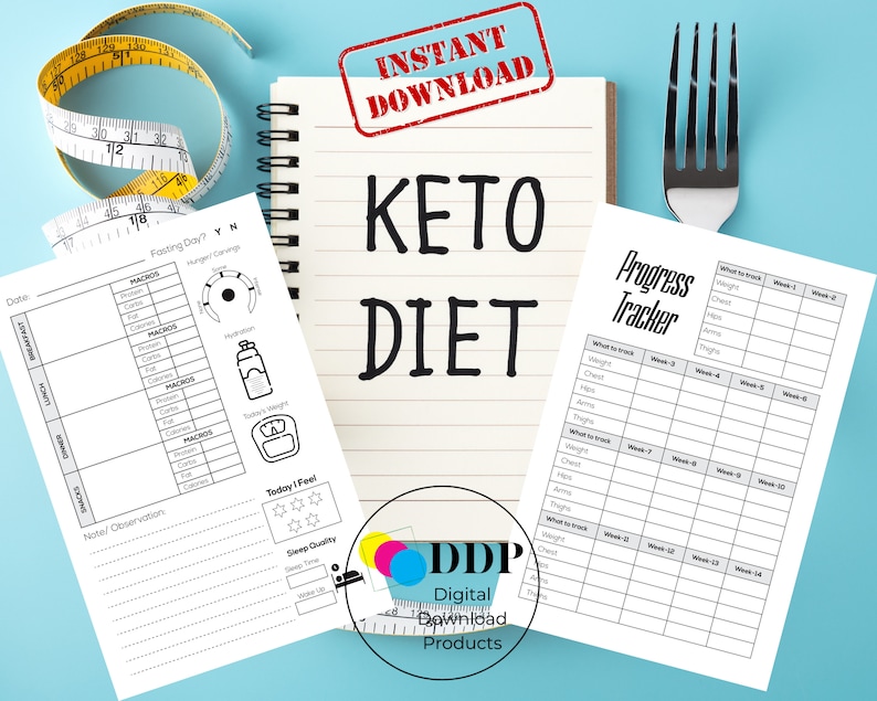 May include: A Keto Diet planner with a notebook, measuring tape, and a fork on a blue background. The notebook has the words "KETO DIET" and "INSTANT DOWNLOAD". There are also progress trackers and a daily food log.