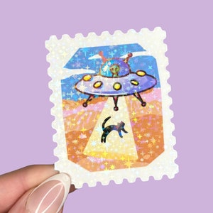Sticker chat de l'espace | Autocollants holographiques | Autocollants en vinyle | Stickers extraterrestres pour ordinateur portable | Cadeau pour un ami | Amoureux des chats