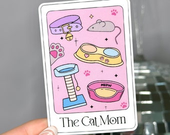 Cat Mom Tarot Card Sticker, Crazy Cat Lady Gifts, Waterbottle Stickers Pets, Cute Laptop Stickers