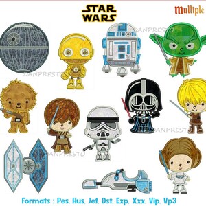 Puede incluir: Un conjunto de 10 diseños de bordado de Star Wars con personajes como Yoda, Darth Vader, Chewbacca, R2-D2 y un Stormtrooper. Los diseños están disponibles en varios tamaños y formatos, incluidos PES, HUS, JEF, DST, EXP, XXX, VIP y VP3.