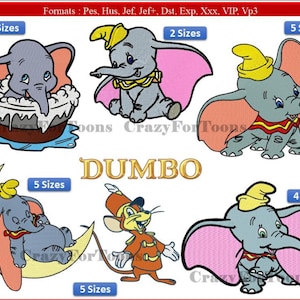 Pode incluir: Desenhos bordados de Dumbo em várias poses, incluindo um numa banheira e outro numa lua crescente. Os desenhos apresentam Dumbo com um chapéu amarelo e uma gola vermelha. A palavra "DUMBO" é exibida em letras douradas. A imagem também mostra o número de tamanhos disponíveis.