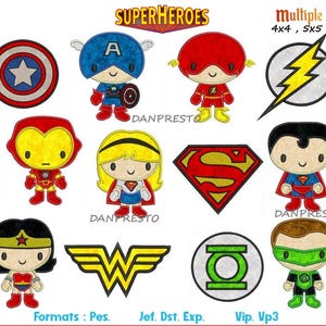 Superheros Applique Pack 12 Machine Embroidery files, super hero comic characters, multiple formats and sizes