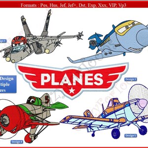 May include: An image showing five cartoon airplane designs. The designs include a grey jet, a blue plane, a red and green biplane, and an orange and white plane. The word "PLANES" is in the centre, with the text "Each Design Multiple Sizes" on the left.
