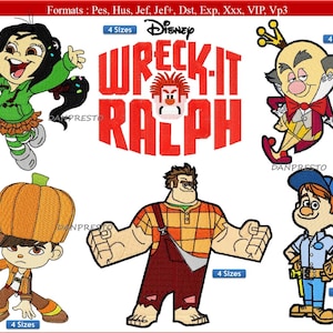 May include: A set of five embroidery designs featuring characters from the Disney movie Wreck-It Ralph. The designs include Ralph, Vanellope, King Candy, Fix-It Felix Jr., and a pumpkin-headed character. The designs are available in four sizes.