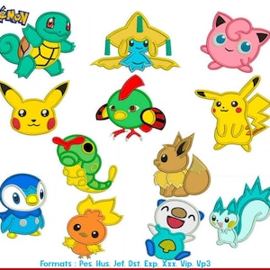 May include: A set of 12 colorful Pokemon character embroidery designs. The designs include Pikachu, Squirtle, Bulbasaur, Charmander, Eevee, and more.