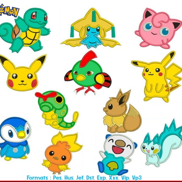 Pokemon embroidery applique files - 12 design set , Eevee , Piplup , squirtle , caterpie all formats.