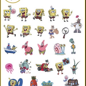 May include: A machine embroidery collection featuring 24 SpongeBob SquarePants designs for a 4x4 sewing field. The set includes various embroidered characters like SpongeBob, Patrick, Squidward, Sandy, Gary, and Plankton, along with icons like the Krusty Krab, a pineapple house, and a jellyfish.