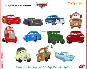 Cars embroidery applique files - 11 design set , Cartoon, Lighting McQueen and more