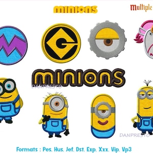 Peut inclure: Un ensemble de 10 motifs de broderie représentant les personnages des Minions des films Moi, Moche et Méchant. Les motifs comprennent une variété d'images, telles que les Minions portant des salopettes, un Minion avec un G sur la poitrine et un Minion avec un seul œil. Les motifs sont disponibles en plusieurs tailles et formats.