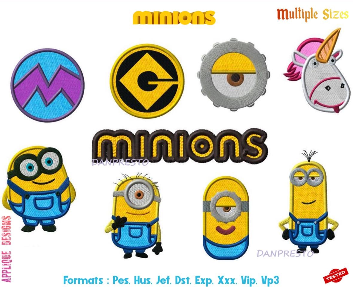 9 embroidery applique machine files Minions, multiple formats and sizes