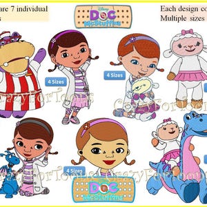 May include: A collection of seven individual Doc McStuffins designs, each available in multiple sizes. The designs feature characters like Doc McStuffins, Lambie, and a blue dinosaur. The image includes text that says "These are 7 individual designs" and "Each design contains Multiple sizes."