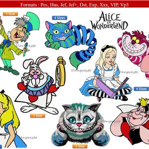Puede incluir: Un conjunto de diseños de bordado con personajes de Alicia en el País de las Maravillas. Los diseños incluyen a Alicia, el Sombrerero Loco, el Gato de Cheshire, el Conejo Blanco y la Reina de Corazones. Los diseños están disponibles en varios tamaños.