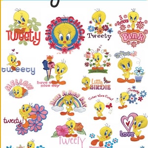 Pode incluir: Uma coleção de 20 designs de bordado à máquina com o personagem de desenho animado Tweety Bird. Os designs incluem Tweety com flores, arco-íris e texto como "Super Chic" e "Love". Os designs são para um campo de costura 4x4.