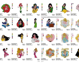 Puede incluir: Una colección de 21 diseños de bordado que presentan a varias princesas de Disney, incluyendo a Ariel, Bella, Jasmine, Mulan, Pocahontas y Blancanieves. Cada diseño se presenta en una ilustración colorida y detallada con una paleta de colores y un conteo de puntadas.