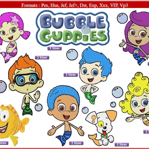 Op de afbeelding: Geborduurde Bubble Guppies-personages in verschillende kleuren, waaronder paars, oranje, blauw en geel. De afbeelding toont het Bubble Guppies-logo en verschillende personages met zeemeerminstaarten en bellen.