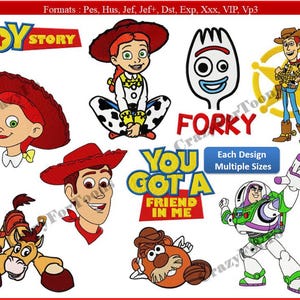 以下が含まれることがあります： ウッディ、ジェシー、バズ・ライトイヤー、フォーキーなど、カラフルなトイ・ストーリーのキャラクターデザインのコレクション。画像には、トイ・ストーリーのロゴと「You've Got a Friend in Me」というフレーズも含まれています。