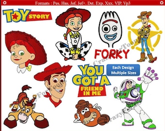 Puede incluir: Una colección de diseños coloridos de personajes de Toy Story, incluyendo a Woody, Jessie, Buzz Lightyear y Forky. La imagen también presenta el logotipo de Toy Story y la frase "You've Got a Friend in Me".