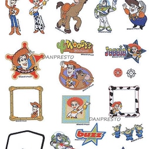 Peut inclure: Une feuille de 20 patchs thermocollants représentant des personnages du film Toy Story 2. Les patchs incluent Woody, Jessie, Buzz l'Éclair et Bullseye. Les patchs sont conçus pour des cerceaux de broderie de 4x4.