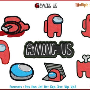 Puede incluir: Un conjunto de 10 diseños de bordado que representan el popular videojuego Among Us. Los diseños incluyen varios personajes y objetos del juego, como el tripulante, el impostor y el botón de reunión de emergencia. Los diseños son en negro, blanco, rojo y azul.
