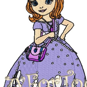 May include: A cartoon illustration of a young girl with orange hair, blue eyes, and a tiara. She wears a purple dress with white floral accents and a matching purse. The dress has the text "Z Foto" on the bottom.