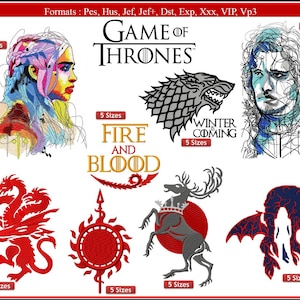 Puede incluir: Diseños de bordado con personajes y símbolos de la serie Juego de Tronos. Los diseños incluyen retratos, emblemas y el logotipo del programa. Cada diseño está etiquetado con "5 Sizes".