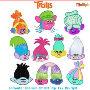 Trolls embroidery applique files - 10 design set , all formats and multiple sizes
