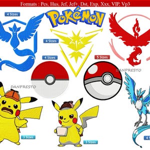 Pokemon pikachu embroidery designs 8 machine files, multiple formats and sizes , articuno, pokeball