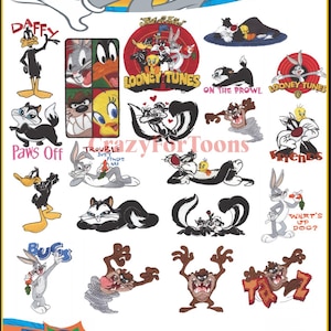 Puede incluir: Una colección de 20 diseños de bordado de Looney Tunes, con personajes como Bugs Bunny, Pato Lucas y Taz. Los diseños son para campos de costura de 5x7 y 4x4. La imagen incluye el texto "Embroidery Collection" y "Looney Tunes".